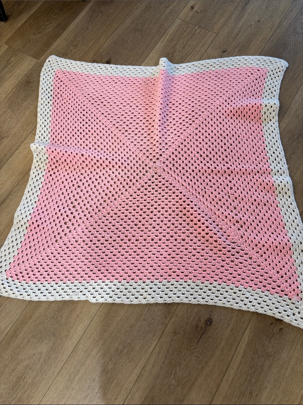 Pink and White Crochet Knit Throw Blanket-